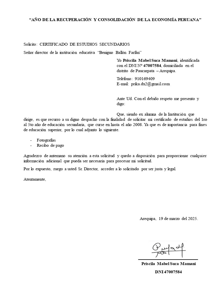 Solicitud de Certificado de Estudios Perú | PDF