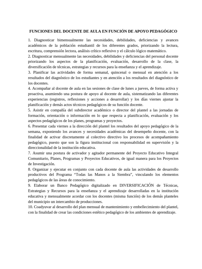 Funciones del Docente en Apoyo Pedagógico | PDF | Maestros | Salón de ...