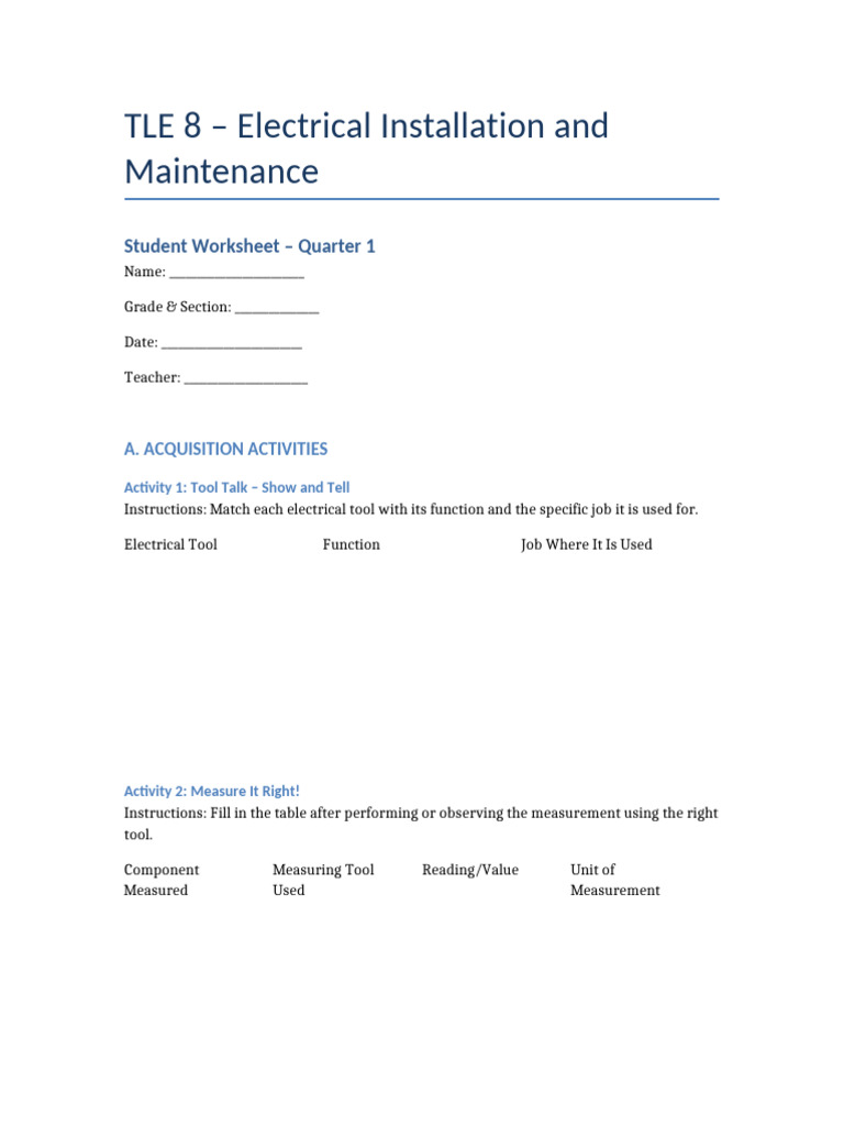 Electrical Installation Worksheet Q1 | PDF | Electric Current ...