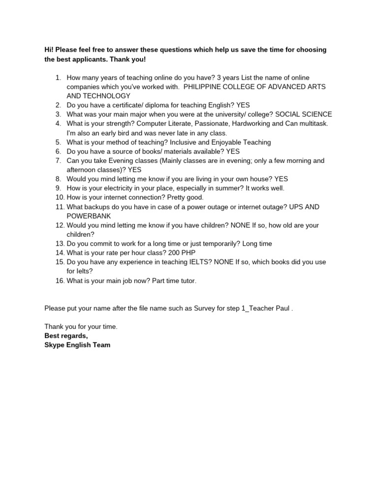 Teacher Application Survey Questions | PDF