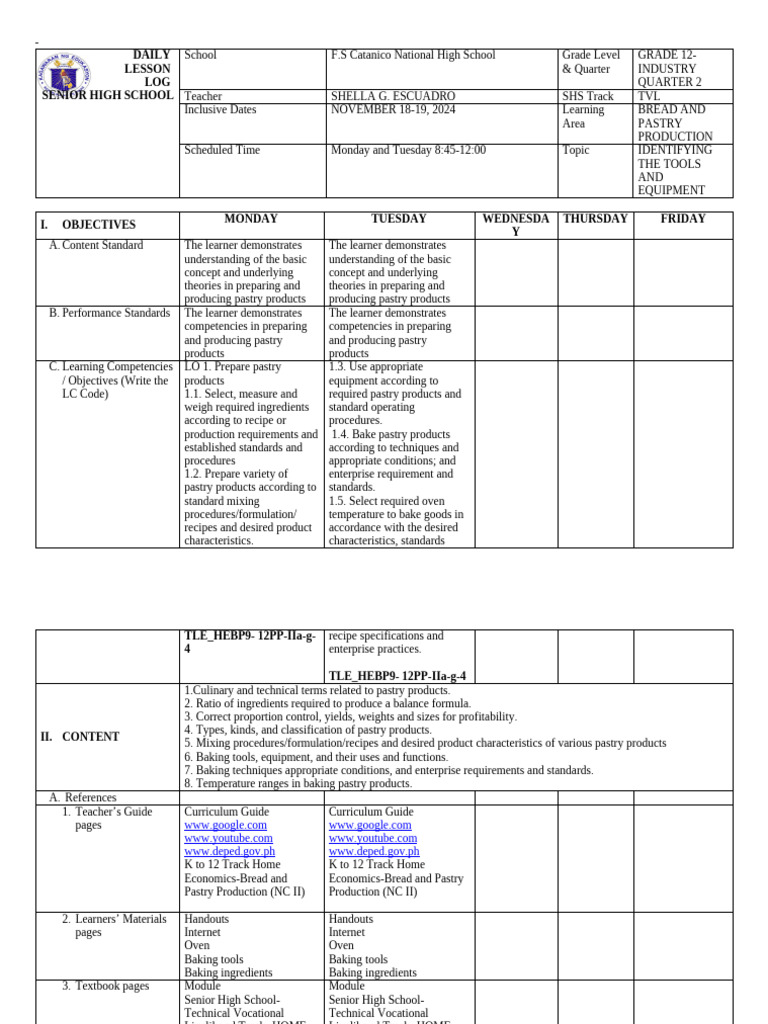 Grade 12 Bread and Pastry Lesson Plan | PDF | Cakes | Breads