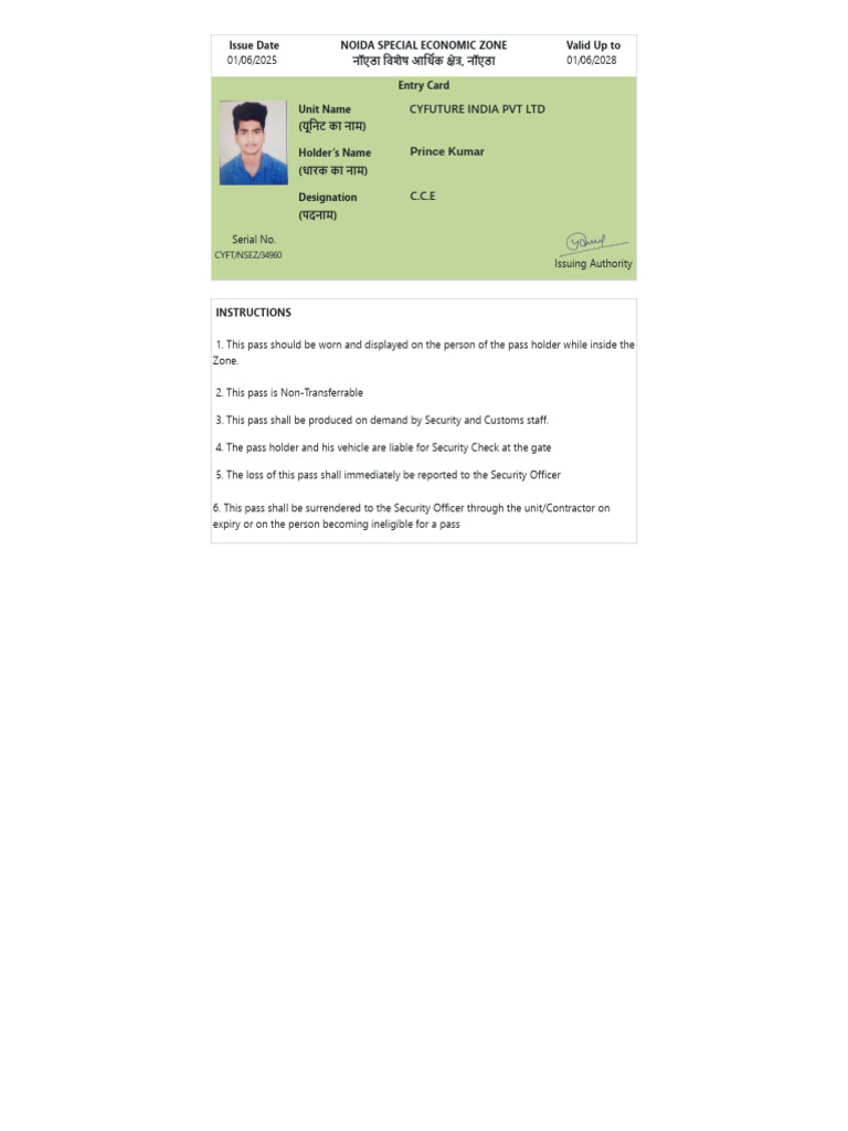 Cyfuture NSEZ Entry Card Instructions | PDF