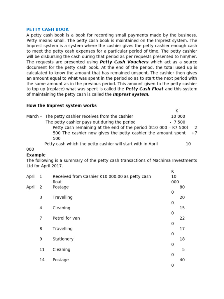 Petty Cash Book Management Guide | PDF | Cash | Accounting