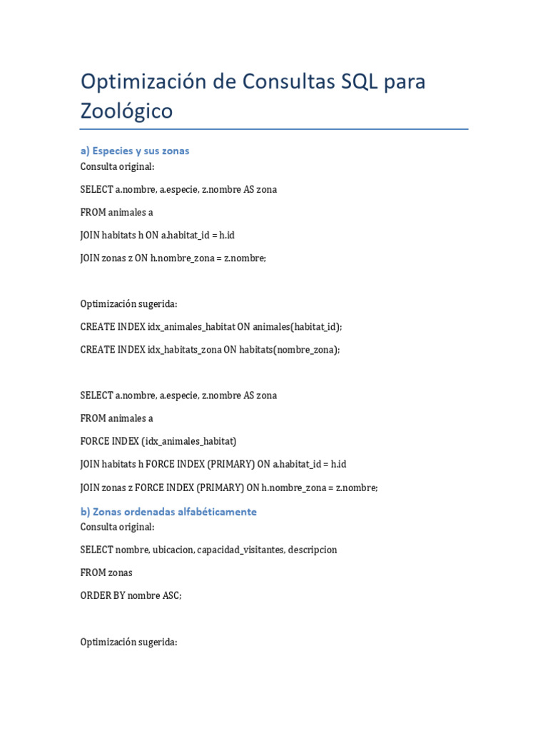 Optimización SQL para Consultas de Zoológico | PDF | SQL | Bases de datos
