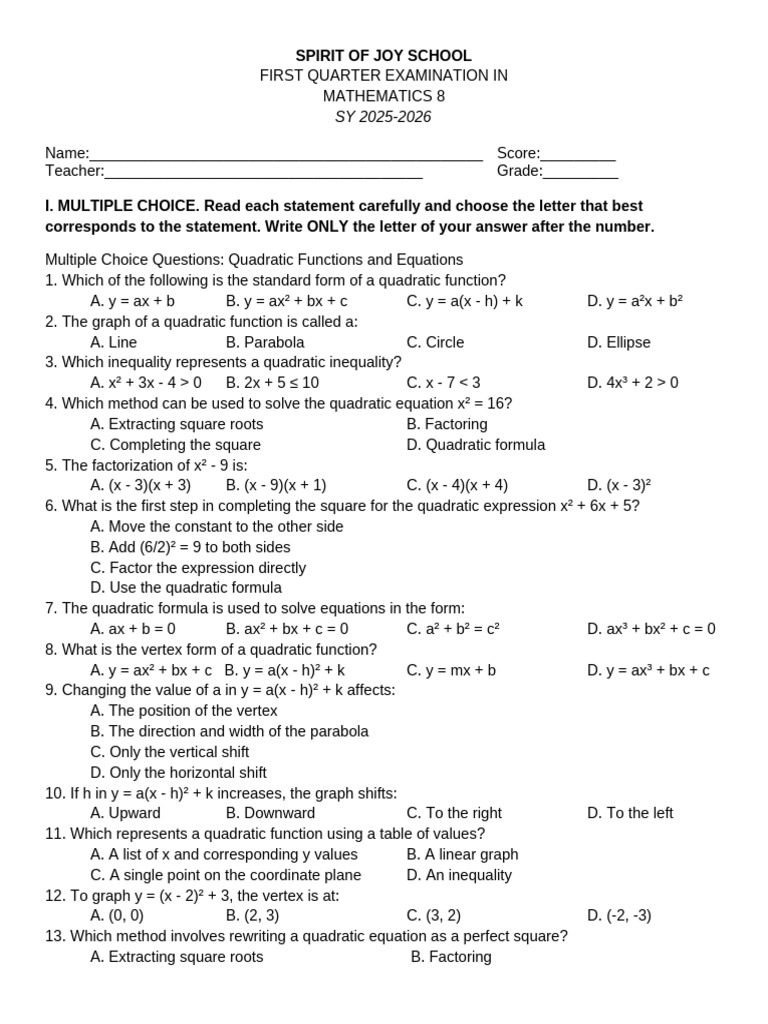 Q1 Mathematics Test Questionnaire | PDF | Quadratic Equation ...