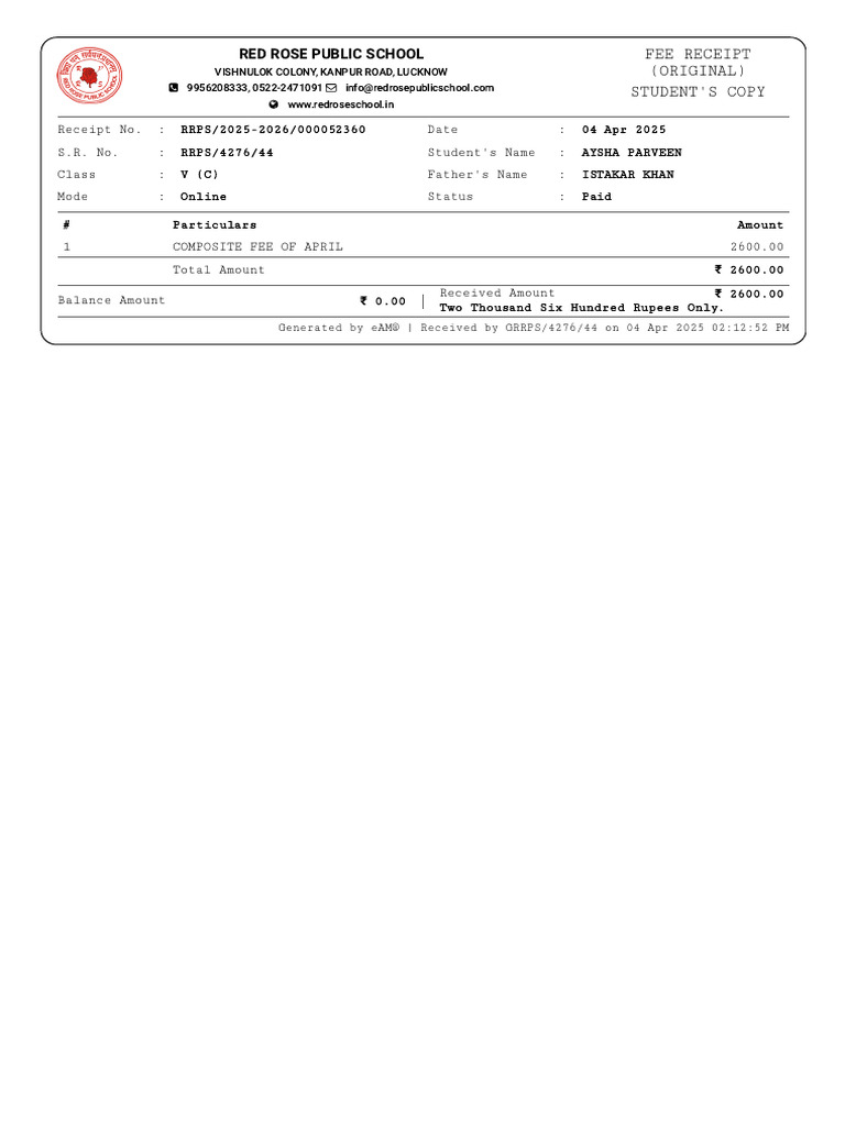 Red Rose Public School Fee Receipt | PDF