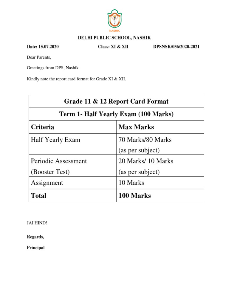 Grade XI & XII Report Card Format | PDF