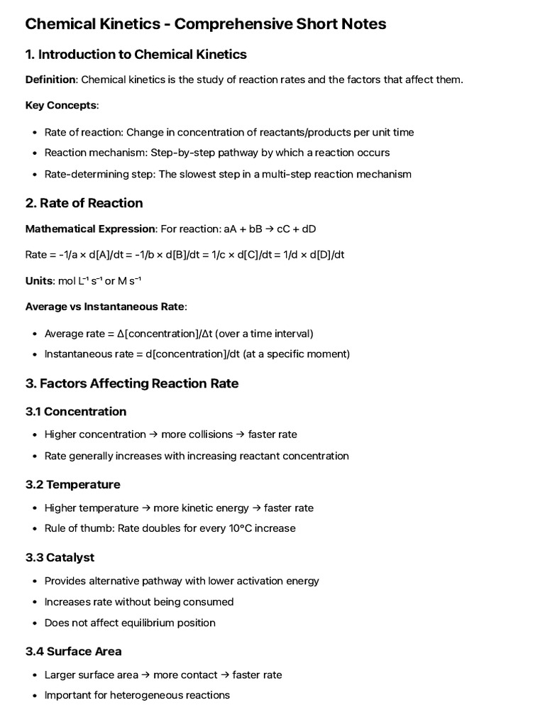Chemical Kinetics - Comprehensive Short Notes | PDF | Reaction Rate ...