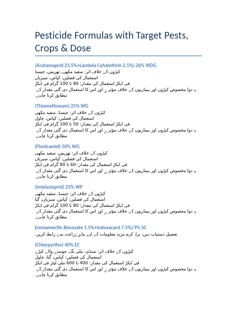 Pesticide Formulas Detailed With Pests Crops Dose | PDF