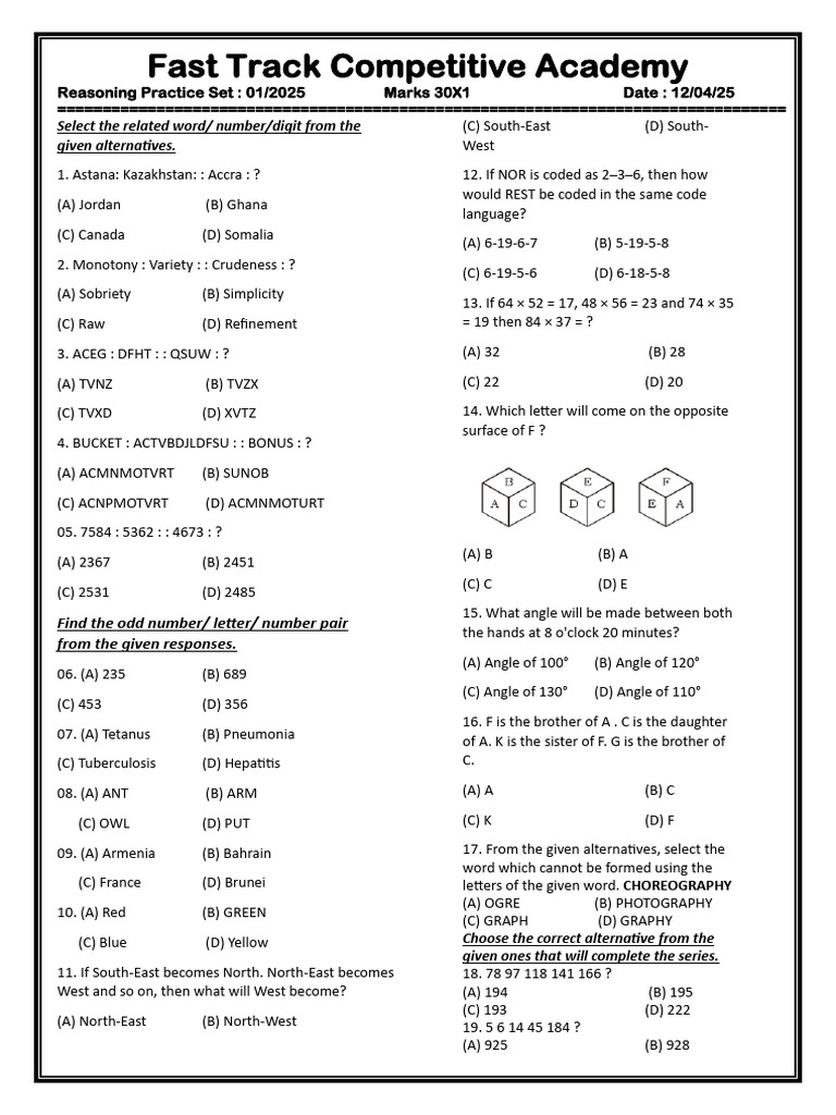 Reasoning Practice Set for 2025 | PDF | Speed | Area