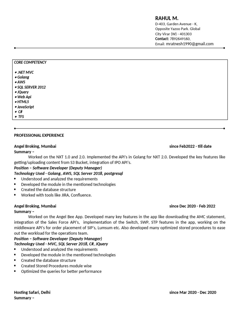 Software Developer Resume - Golang, .NET MVC | PDF | Microsoft Sql ...