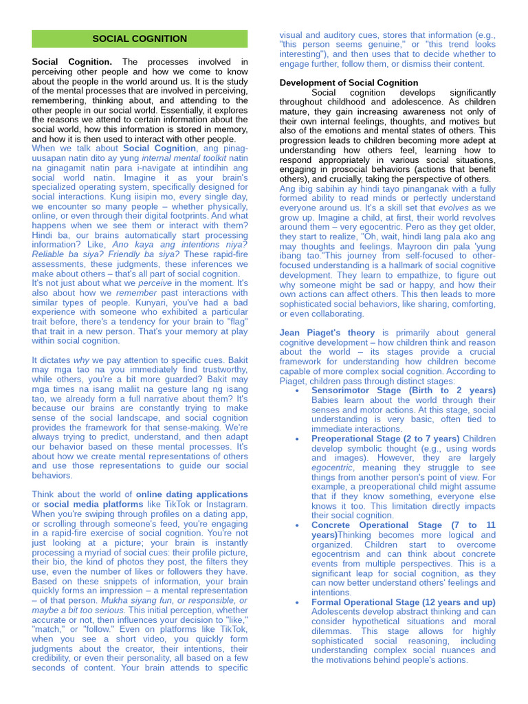 Understanding Social Cognition Processes | PDF | Thought | Nonverbal ...