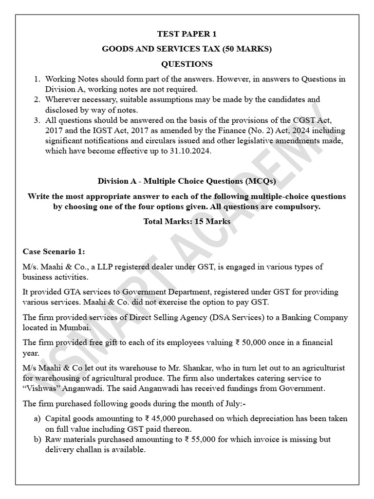 GST Test Paper with Case Scenarios | PDF | Value Added Tax | Taxes