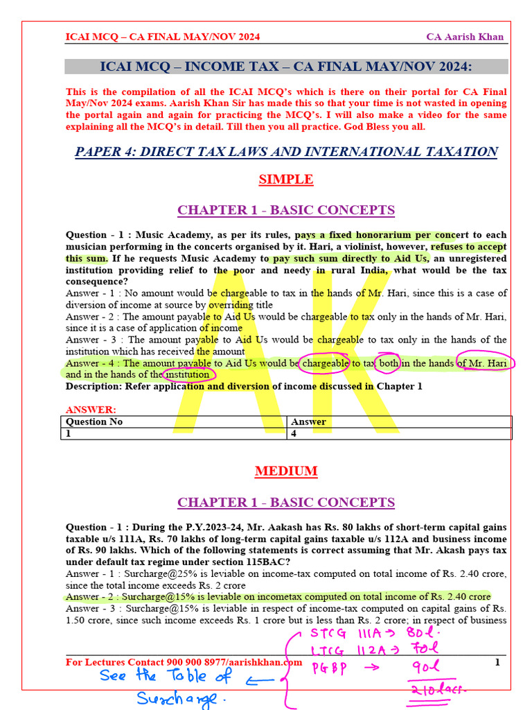 ICAI CA Final MCQs Nov 2024 Compilation | PDF | Capital Gains Tax ...