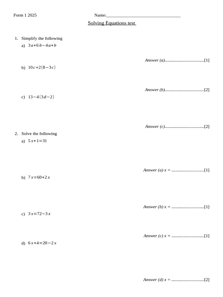Solving Equations Test Form 1 2025 | PDF | Chess | Chess Theory