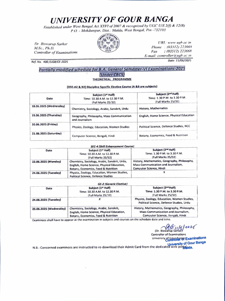 UGB Semester-VI Exam Schedule 2025 | PDF | Science | Liberal Arts Education