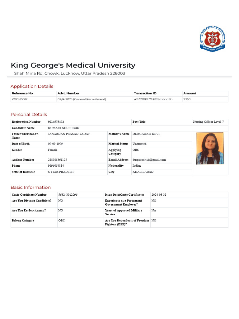 KGMU Nursing Officer Application Details | PDF