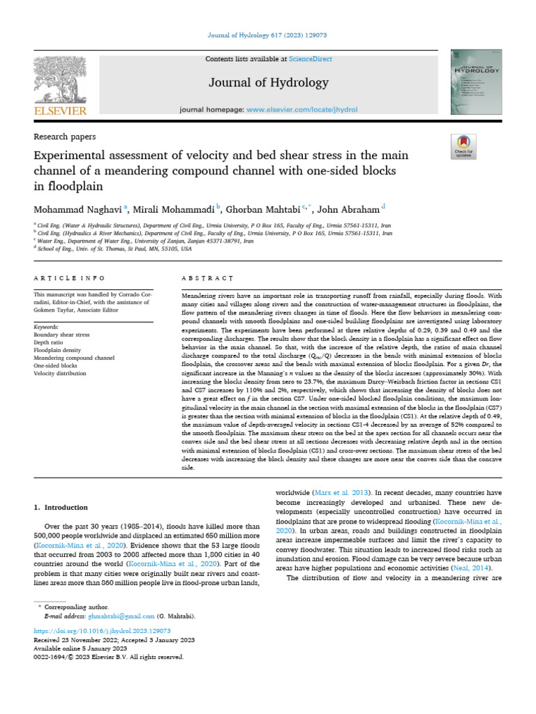 Experimental Assessment of Velocity and Bed Shear Stress in The Main ...