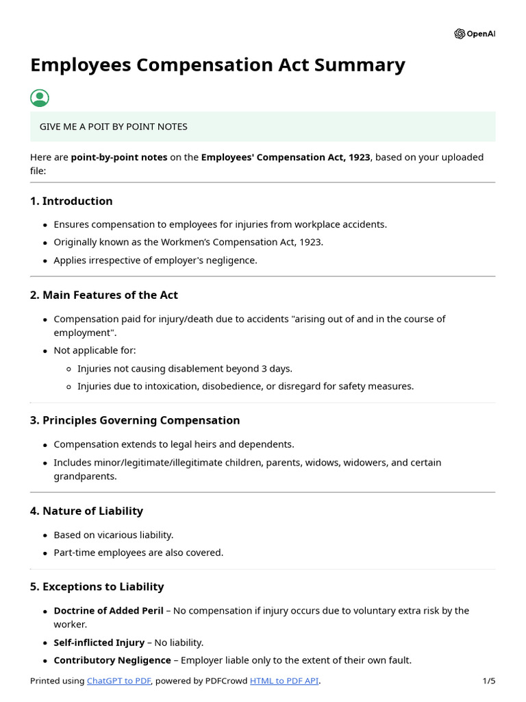 Employees Compensation Act 1923 Overview | PDF | Legal Liability ...