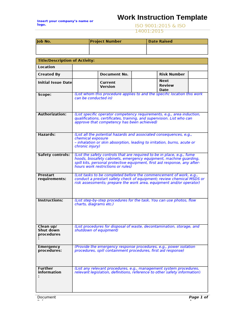 ISO 9001 Work Instruction Template | PDF | Workplace | Safety