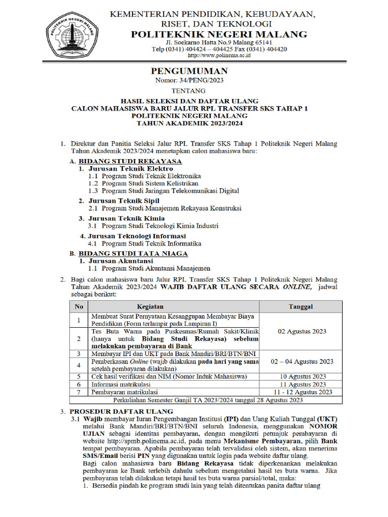 34-Pengumuman RPL Transfer SKS 2023 | PDF