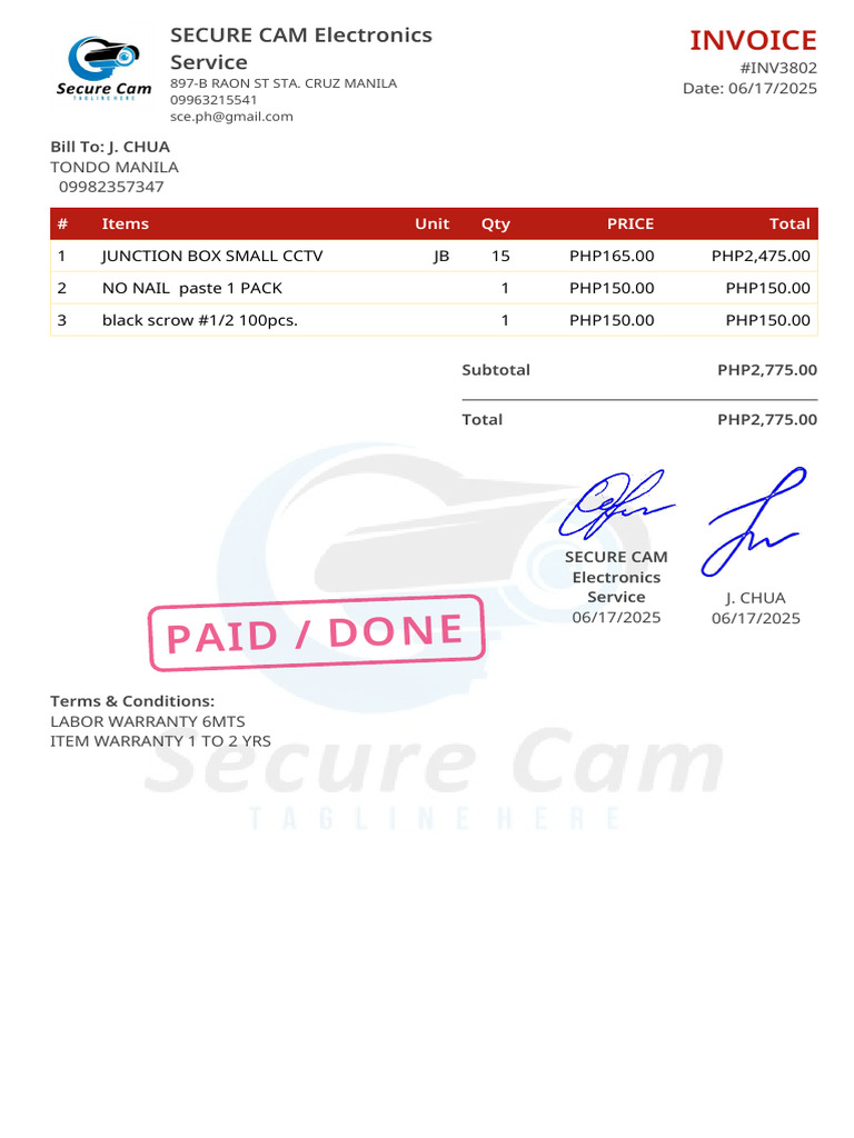Invoice for Secure Cam Electronics Services | PDF