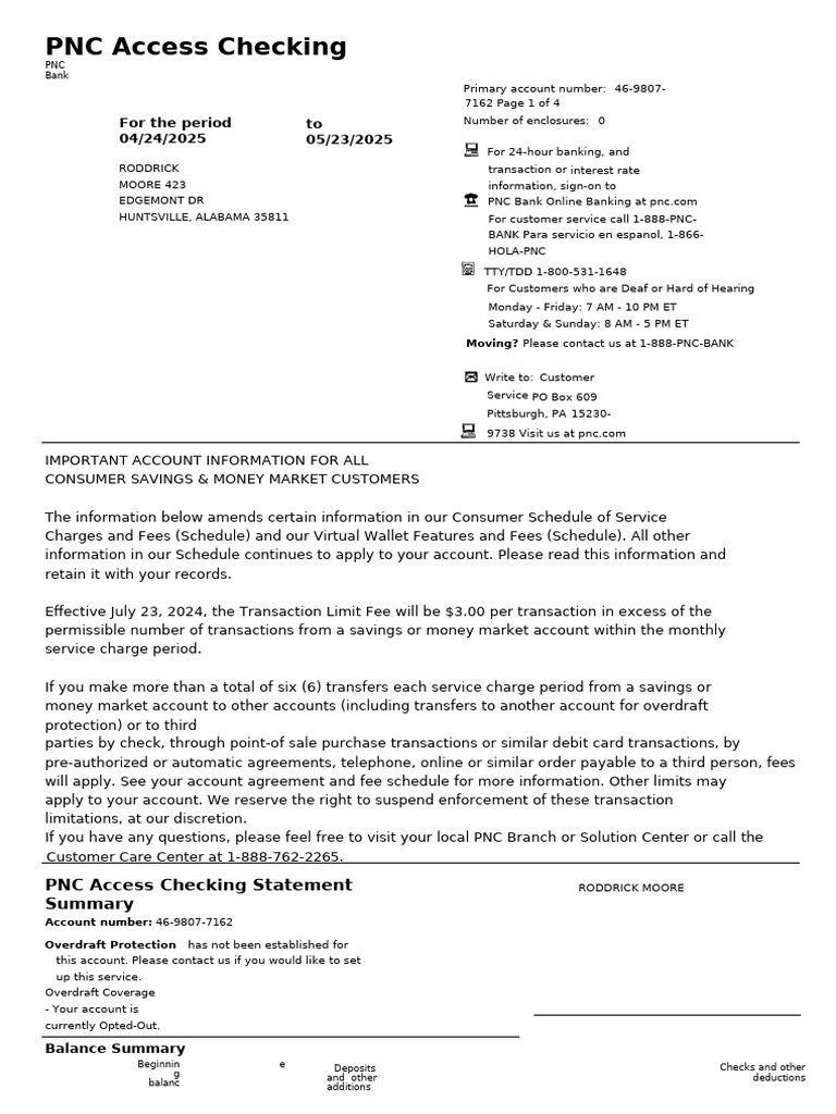 PNC Access Checking Statement Summary | PDF | Transaction Account ...