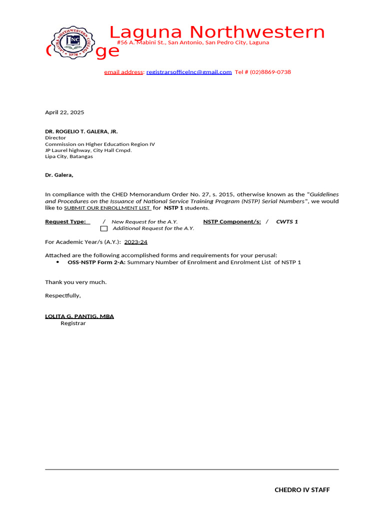 NSTP Enrollment and Serial Number Requests | PDF | Philippines