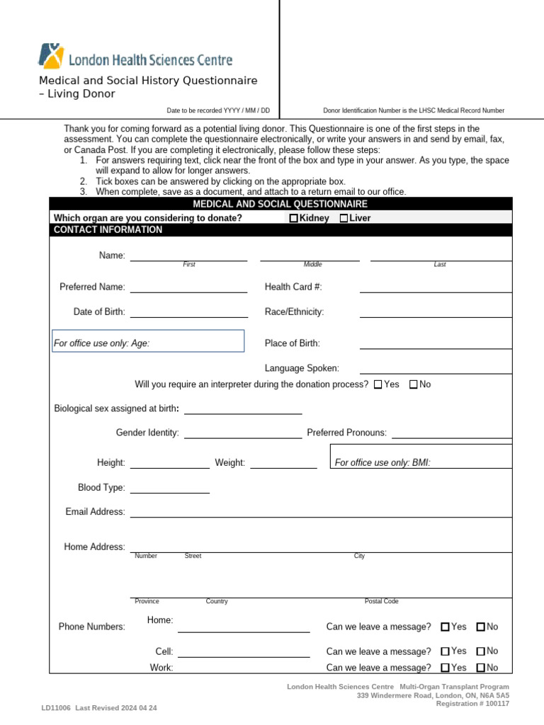 Living Donor Medical Questionnaire | PDF | Organ Transplantation ...
