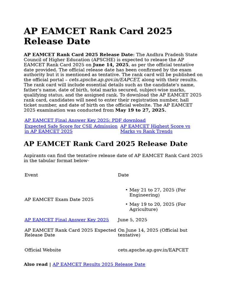 AP EAMCET 2025 Rank Card Release Info | PDF | Educational Stages ...