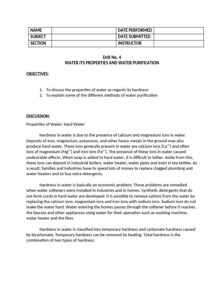 Drill4 Water Its Properties and Water Purification | PDF | Water ...