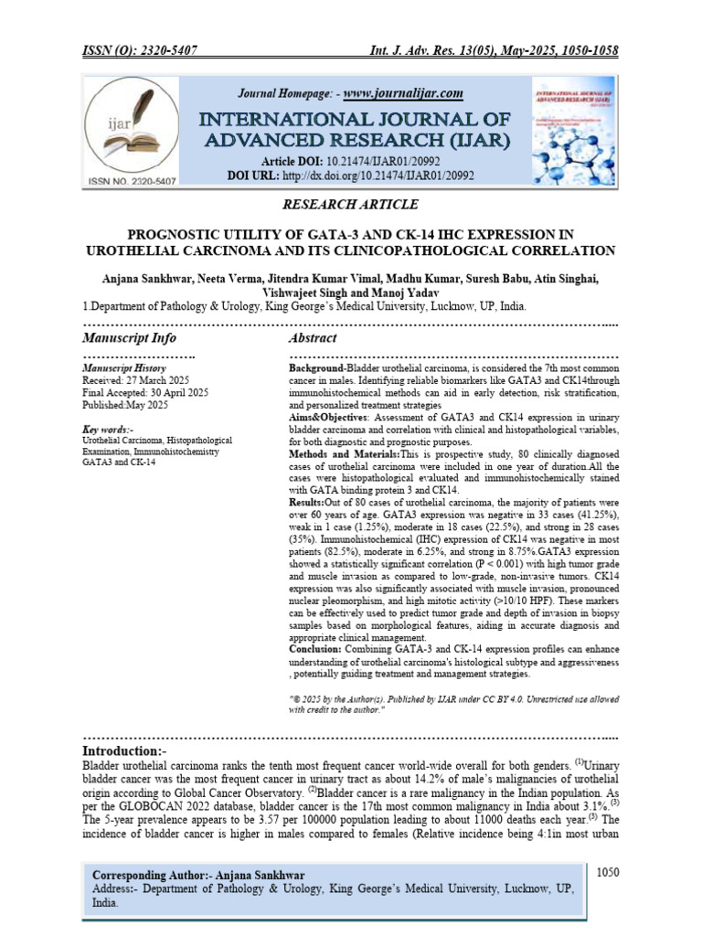 Prognostic Utility of Gata-3 and CK-14 Ihc Expression in Urothelial ...