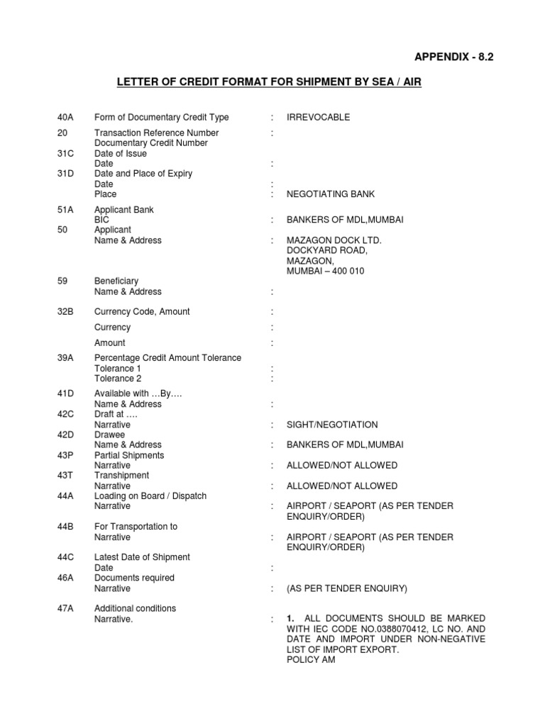 Letter of Credit Format for Shipment | PDF | Finance & Money Management