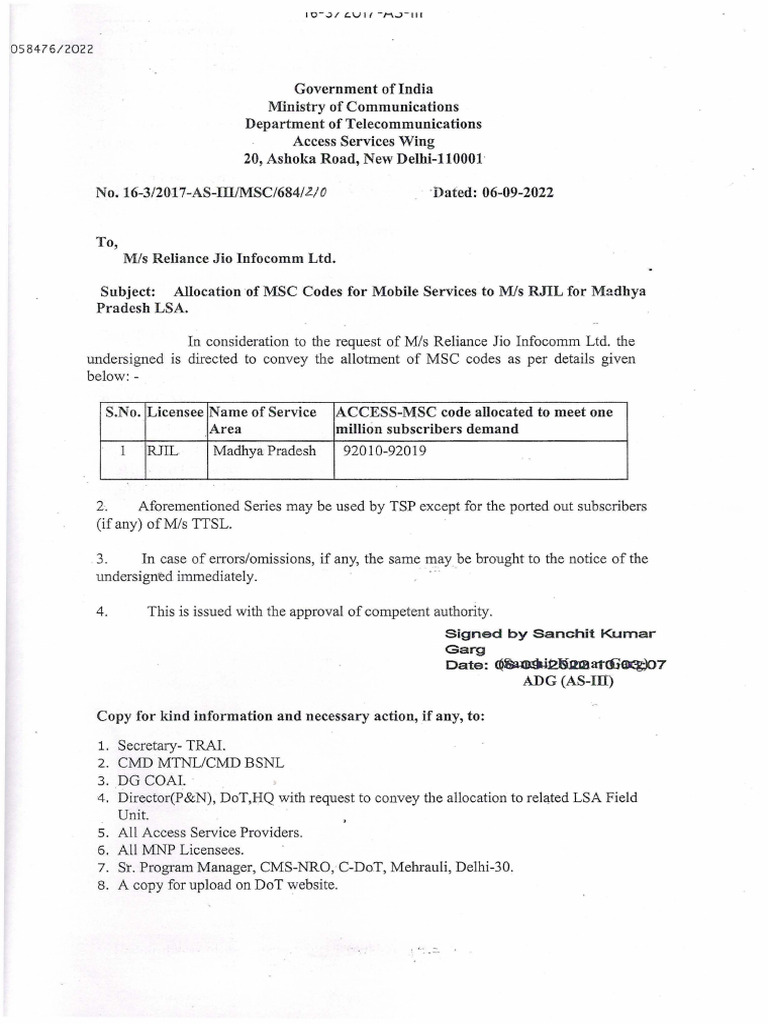 MSC Code Allocation for RJIL in MP | PDF