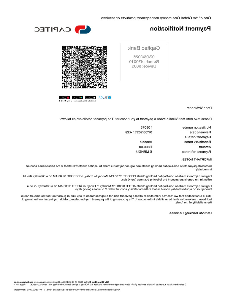Capitec Payment Notification Details | PDF