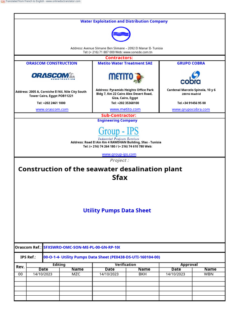 Sfax Seawater Desalination Utility Pumps Data | PDF