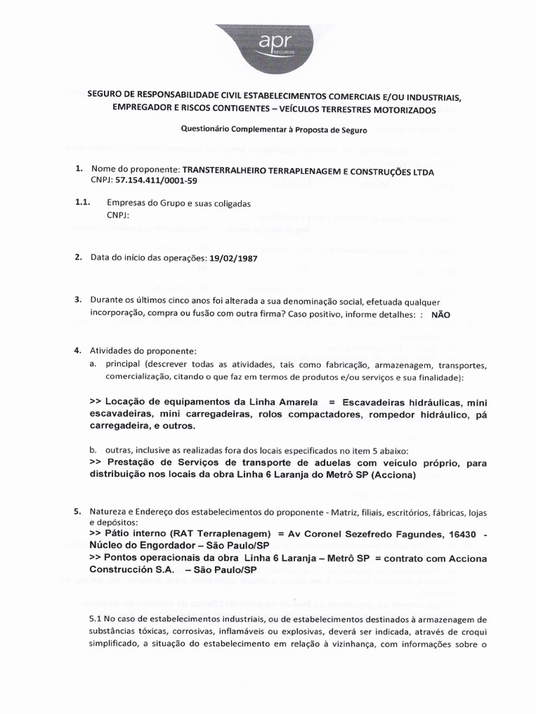 Questionario Seguro RC TT Prest Serv Transporte 200924 | PDF