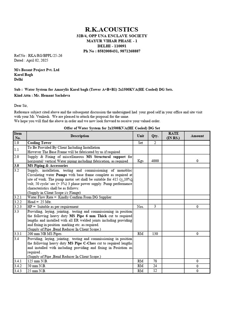 DG Water System BOQ For Tower a+B+B1 | PDF | Pipe (Fluid Conveyance ...
