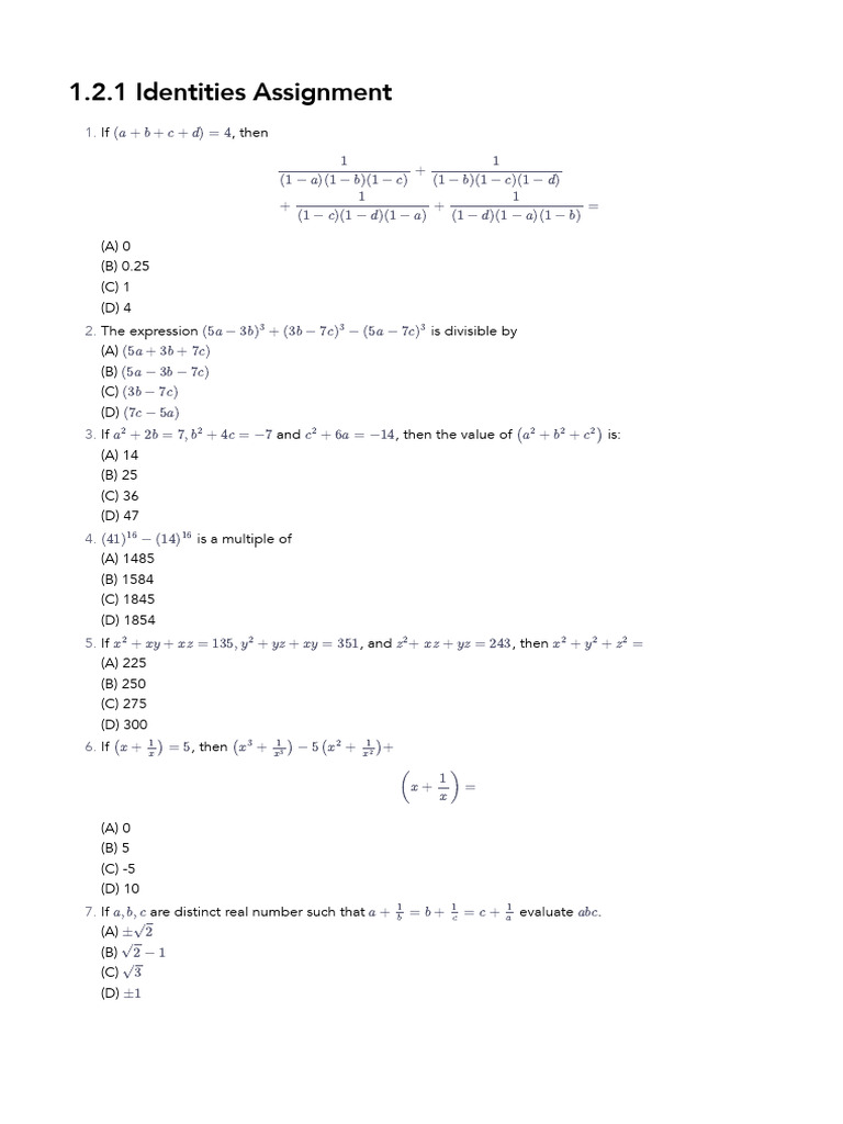 1.2.1 Identities Assignment 18-03-2024 | PDF | Mathematics ...