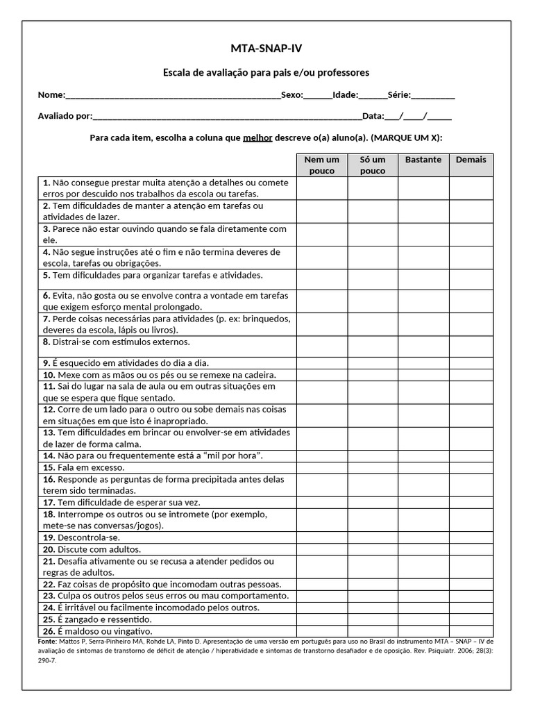 Avaliação MTA-SNAP-IV para TDAH | PDF
