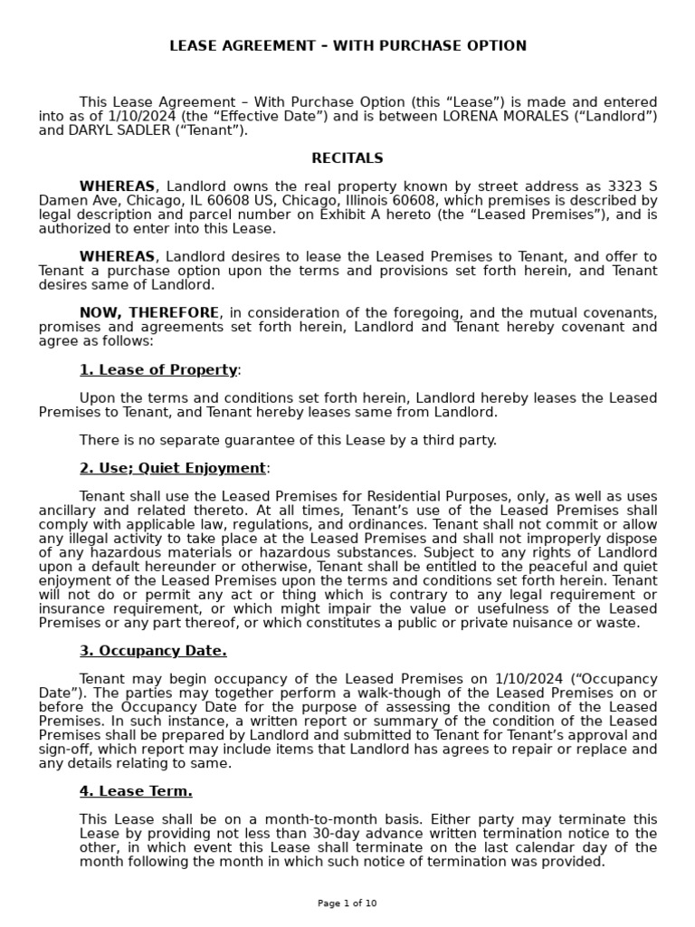 Chicago Lease Agreement with Purchase Option | PDF | Lease | Leasehold ...