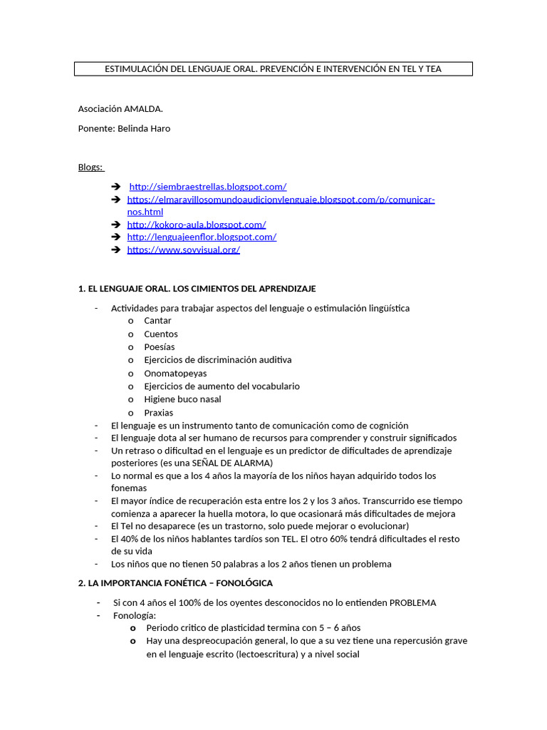 Estimulación del Lenguaje Oral en TEL y TEA | PDF | Palabra | Fonética