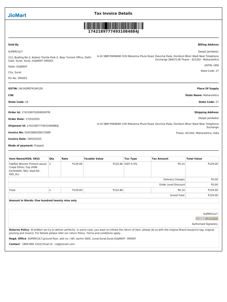 Invoice for Fabflee Ethnic Top Purchase | PDF | Taxes | Economies