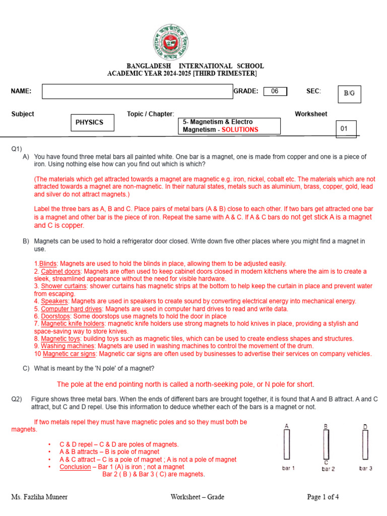 Grade 6 Physics Magnetism Worksheet | PDF | Magnet | Magnetism