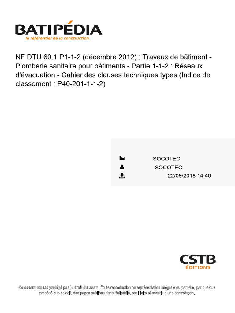 Norme NF DTU 60.1 : Évacuation sanitaire | PDF | Code de la ...