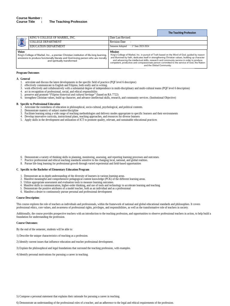 The Teaching Profession Course Overview | PDF | Educational Assessment ...