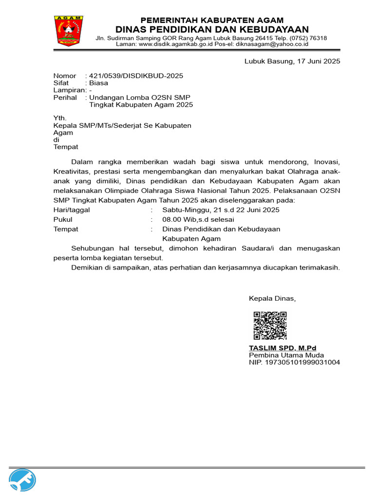 Undangan O2SN SMP Kabupaten Agam 2025 | PDF