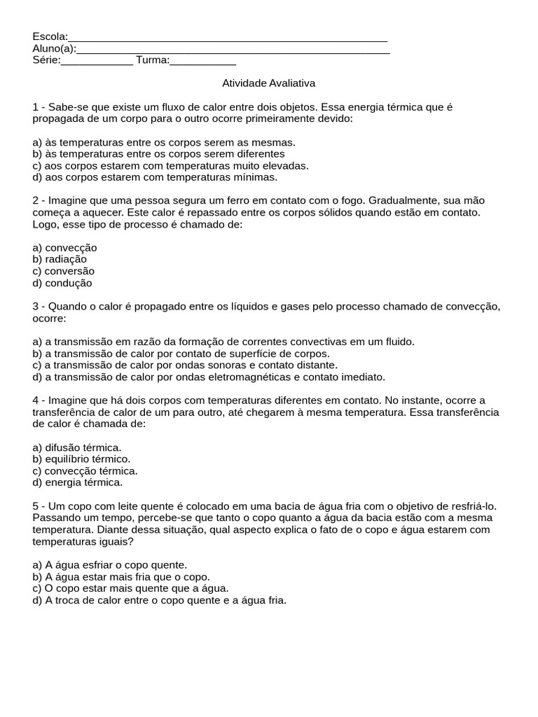 Atividade 7 Ano | PDF | Calor | Temperatura
