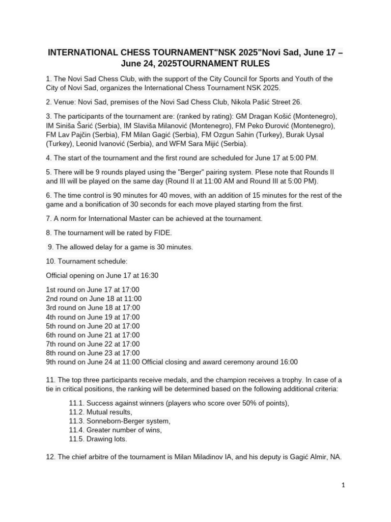NSK 2025 Chess Tournament Rules | PDF | Chess | Sports