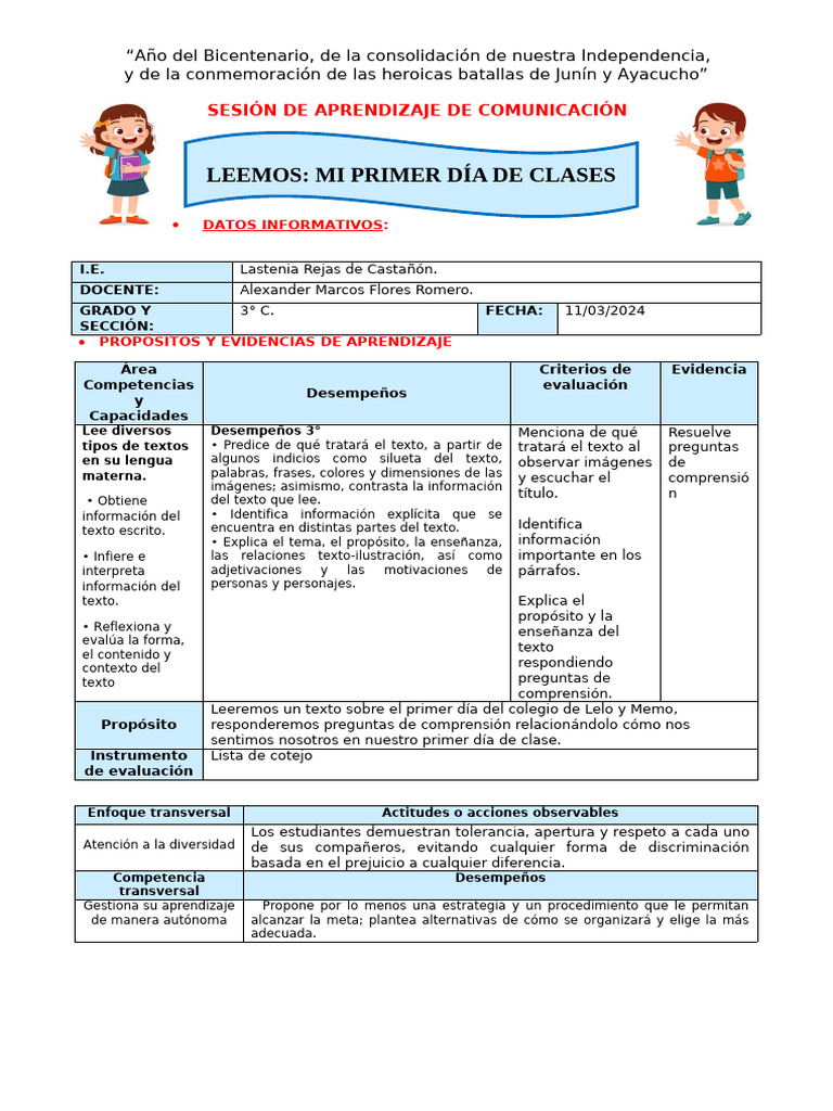 "Aprendiendo sobre el primer día de clases" | PDF | Aprendizaje ...